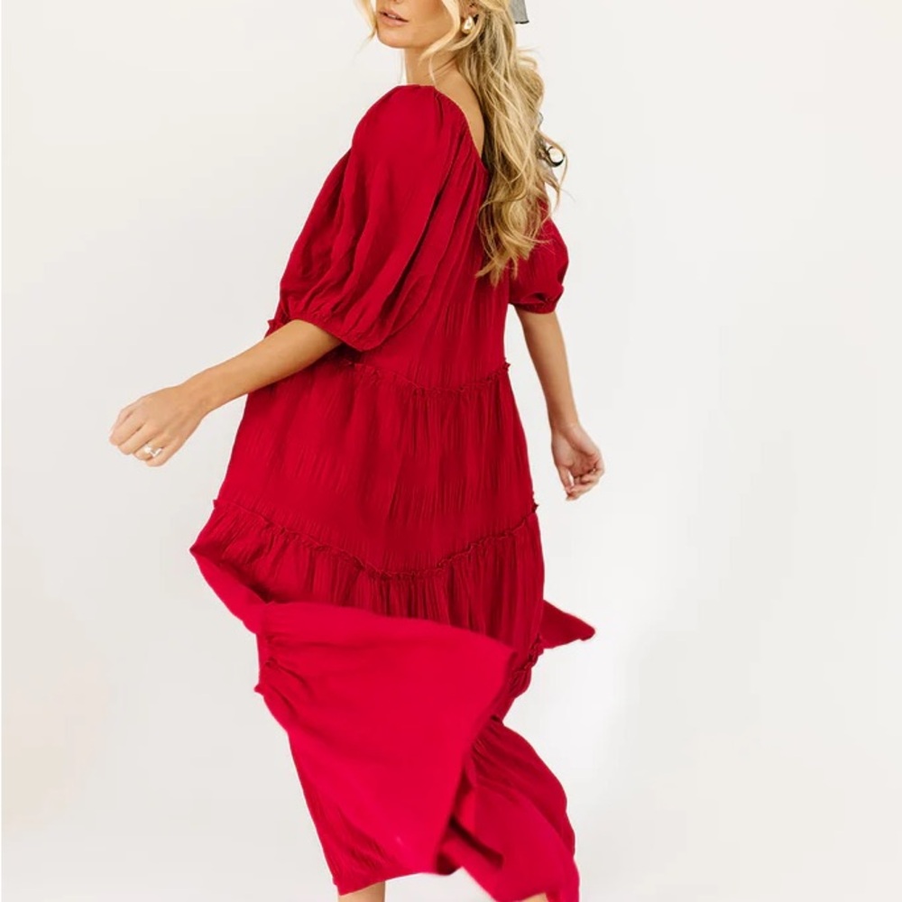 Zoco Daymaker Crimson Red Tiered Maxi Dress with Puff Sleeves - Picture 3 of 8